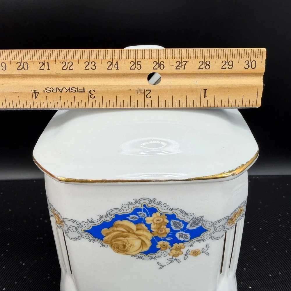 Victoria China Czechoslovakia Rice Canister Vintage Porcelain Blue Rose Floral